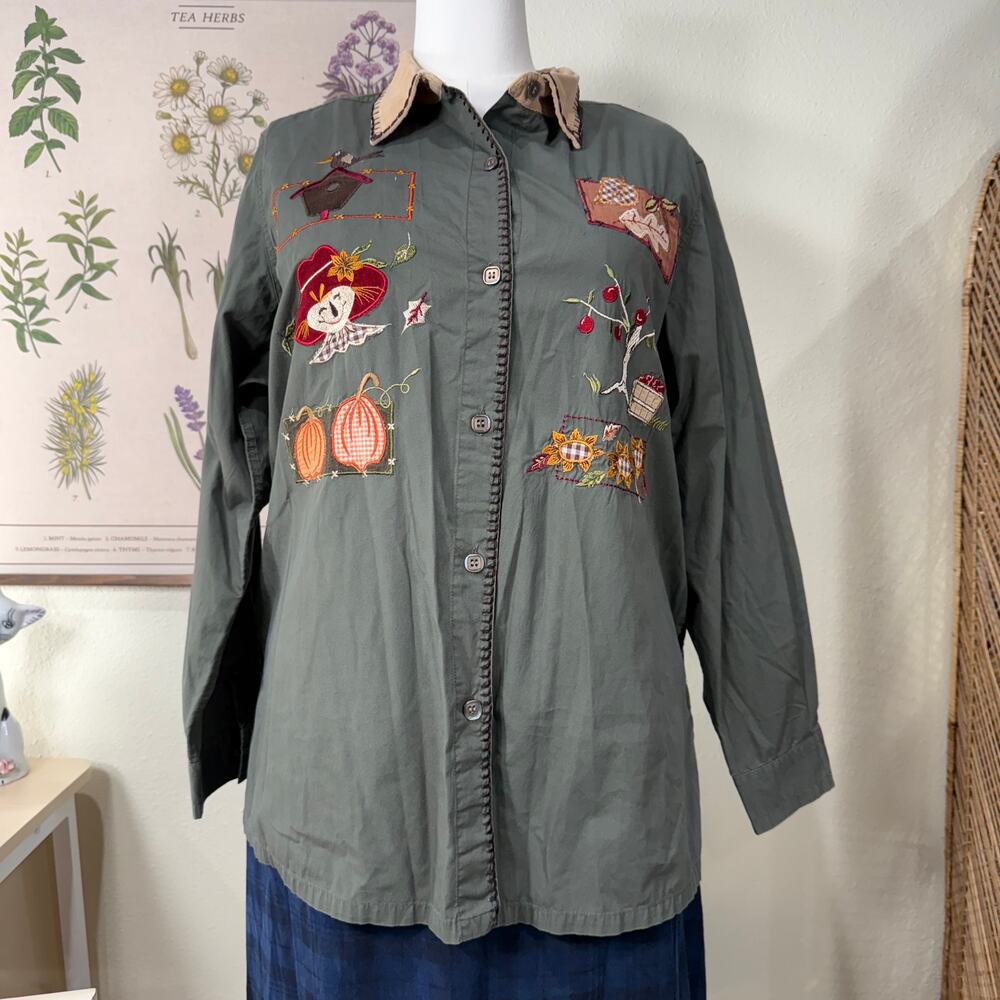 Vintage Fall Pumpkin Leaves Scarecrow Apple Embroidered Shirt Cottage Grandma 2X